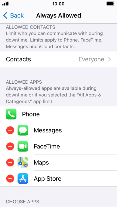 Press the remove icon next to the required app to remove it from the list of allowed apps during Downtime.