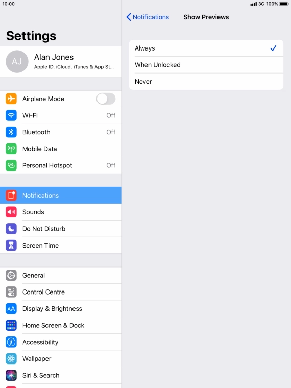 To select notification preview on the lock screen, press Always.