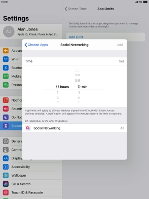 Set the required time limit for use of the selected category.