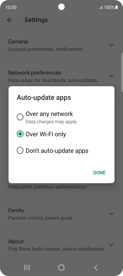 To turn on automatic update of apps using mobile network, press Over any network. To turn on automatic update of apps using mobile network, press Over any network.