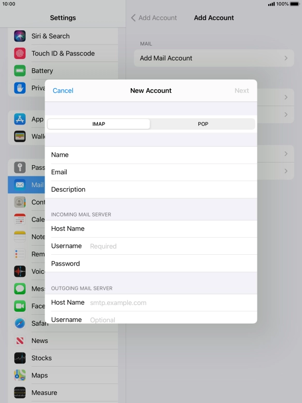 Press Username and key in the username for your email account.