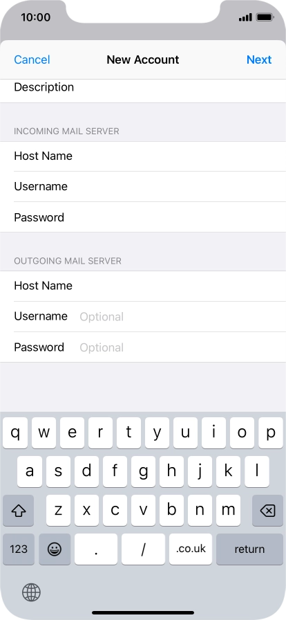 Press Username and key in the username for your email account. Please note that if you're using Vodafone's outgoing server, leave the username field empty.