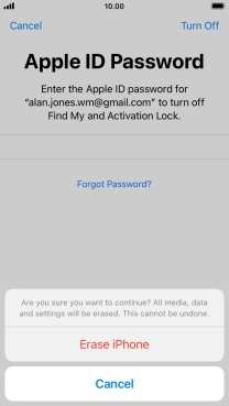Key in the password for your Apple ID and press Erase iPhone. Wait a moment while the factory default settings are restored. Follow the instructions on the screen to set up your phone and prepare it for use.