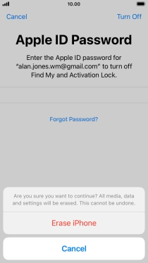 Key in the password for your Apple ID and press Erase iPhone. Wait a moment while the factory default settings are restored. Follow the instructions on the screen to set up your phone and prepare it for use.