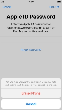 Key in the password for your Apple ID and press Erase iPhone. Wait a moment while the factory default settings are restored. Follow the instructions on the screen to set up your phone and prepare it for use.