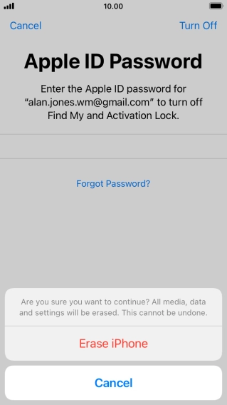 Key in the password for your Apple ID and press Erase iPhone. Wait a moment while the factory default settings are restored. Follow the instructions on the screen to set up your phone and prepare it for use.