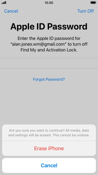 Key in the password for your Apple ID and press Erase iPhone. Wait a moment while the factory default settings are restored. Follow the instructions on the screen to set up your phone and prepare it for use.