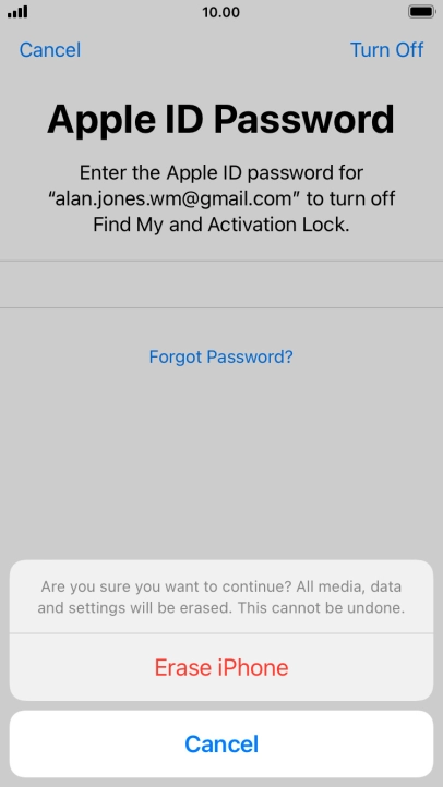 Key in the password for your Apple ID and press Erase iPhone. Wait a moment while the factory default settings are restored. Follow the instructions on the screen to set up your phone and prepare it for use.