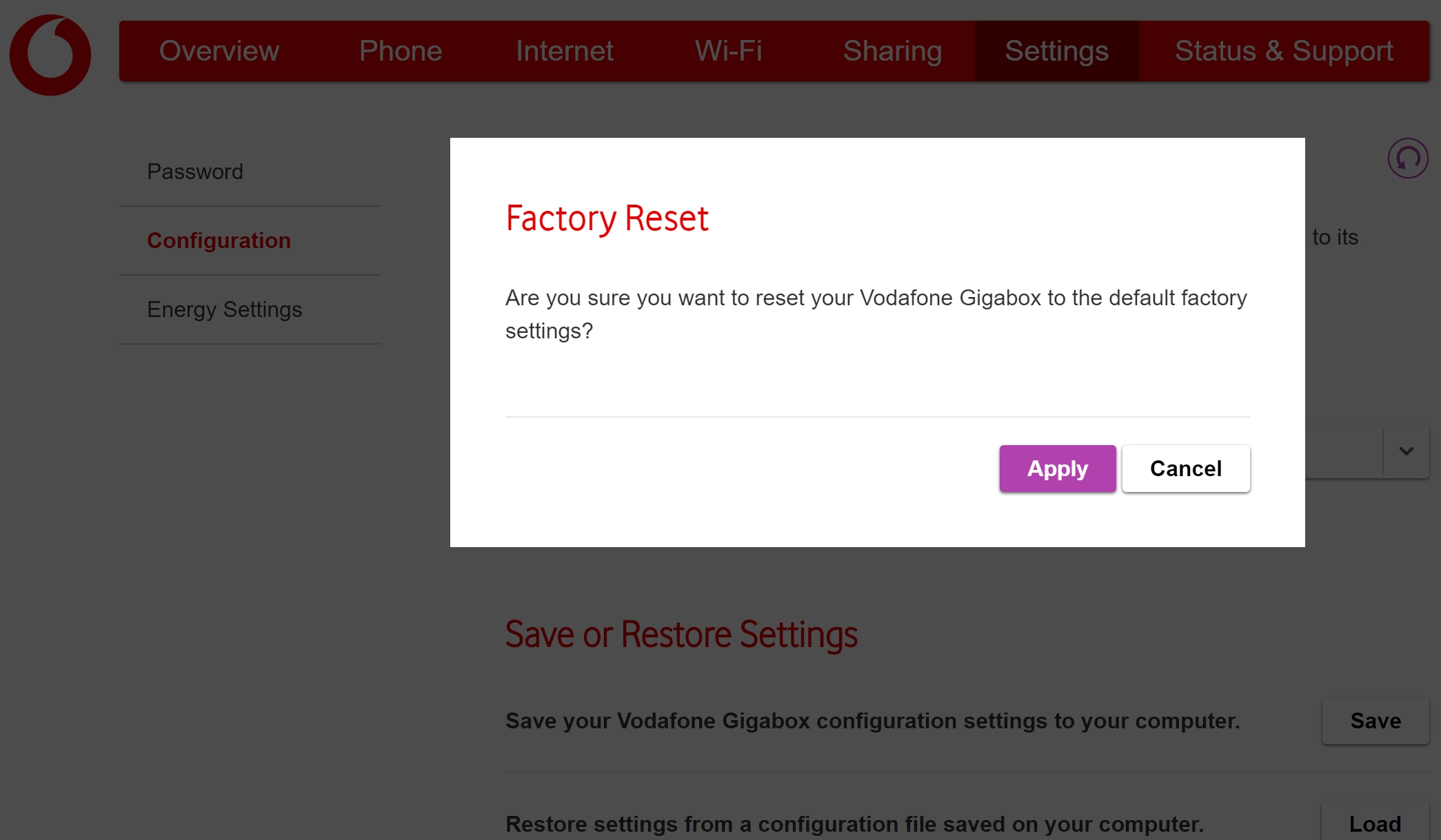 Click Apply and wait while your modem restores the factory default settings.