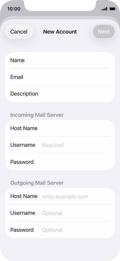 Press Username and key in the username for your email account.