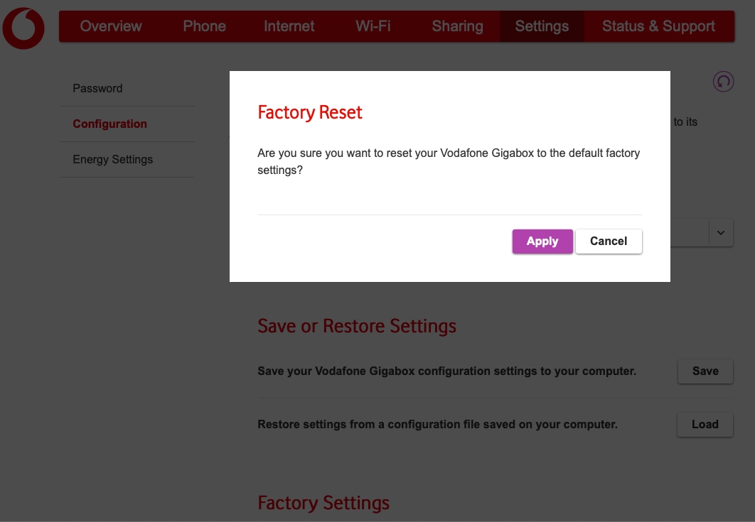 Click Apply and wait while your modem restores the factory default settings.