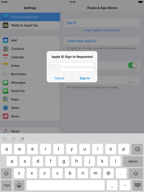 Press Apple ID and key in the username for your Apple ID.
