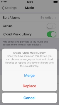 Press Merge to merge the music library on your phone with the iCloud Music Library. Press Merge to merge the music library on your phone with the iCloud Music Library.