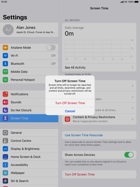 Press Turn Off Screen Time. Press Turn Off Screen Time.