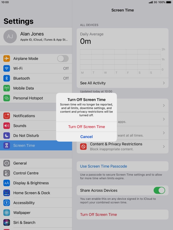 Press Turn Off Screen Time. Press Turn Off Screen Time.