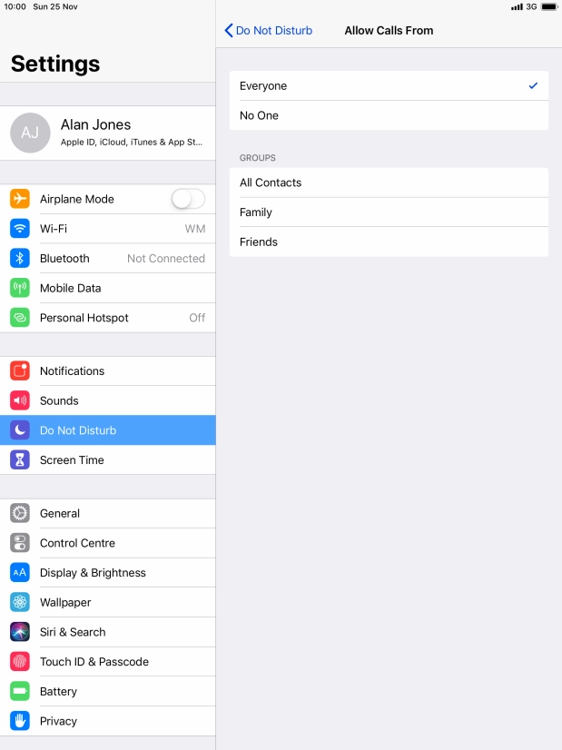 Press the required setting to select which contacts can call you even though Do Not Disturb is turned on. Press the required setting to select which contacts can call you even though Do Not Disturb is turned on.