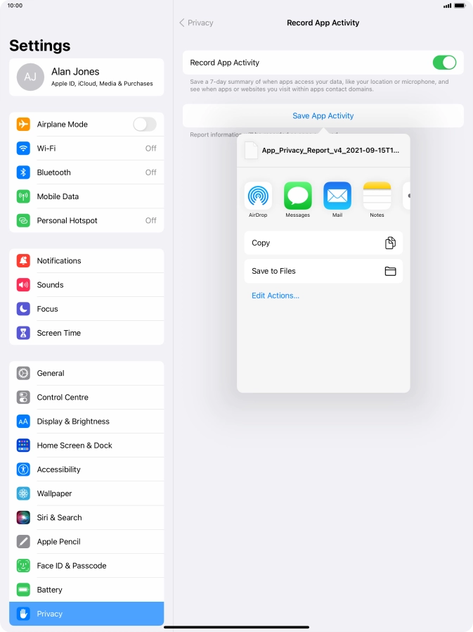 Press the required setting and follow the instructions on the screen to share or save the app activity report. Press the required setting and follow the instructions on the screen to share or save the app activity report.