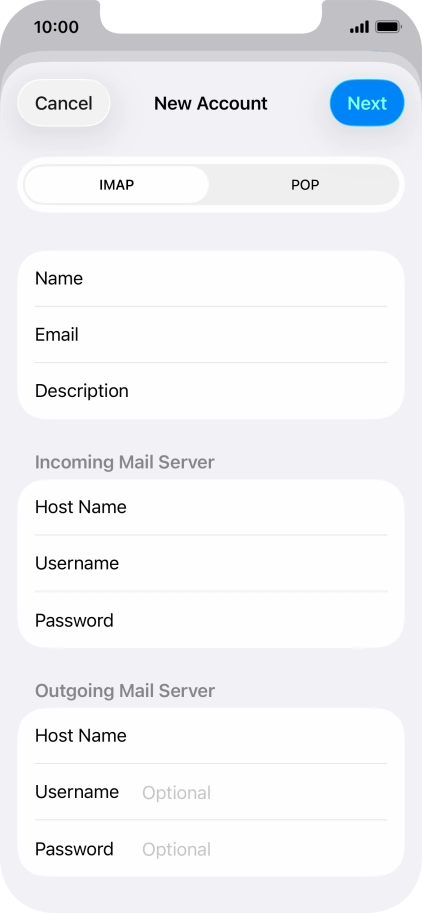 Press Username and key in the password for your email account. Please note that if you're using Vodafone's outgoing server, leave the password field empty. Press Username and key in the password for your email account. Please note that if you're using Vodafone's outgoing server, leave the password field empty.