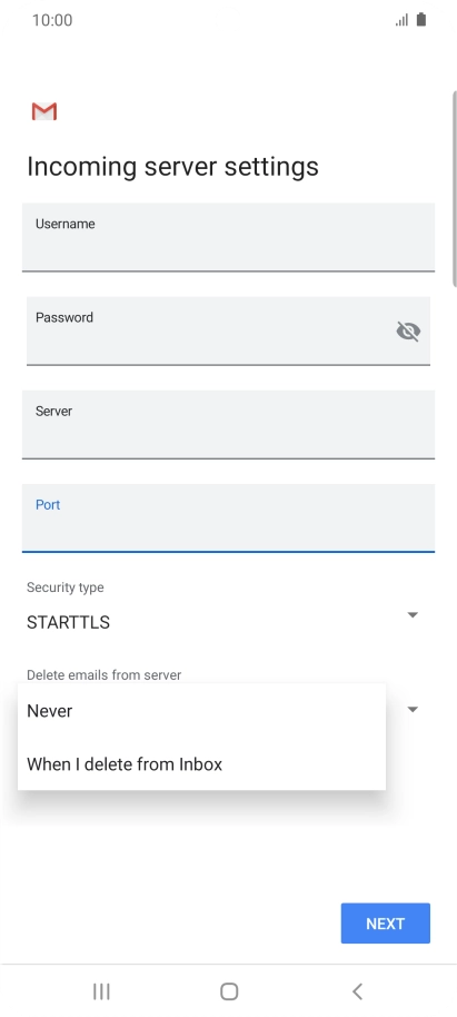 Press Never to keep email messages on the server when you delete them on your phone.