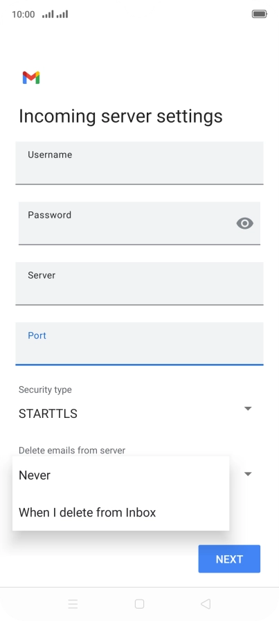 Press Never to keep email messages on the server when you delete them on your phone. Press Never to keep email messages on the server when you delete them on your phone.