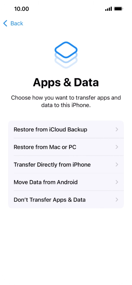 Press Don't Transfer Apps & Data and follow the instructions on the screen to finish the activation. Press Don't Transfer Apps & Data and follow the instructions on the screen to finish the activation.