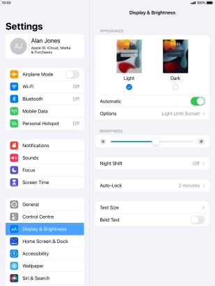 If you turn on the function, press Options and follow the instructions on the screen to select the required period of time for Dark Mode.