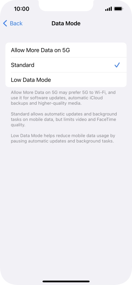 Press the required setting.
