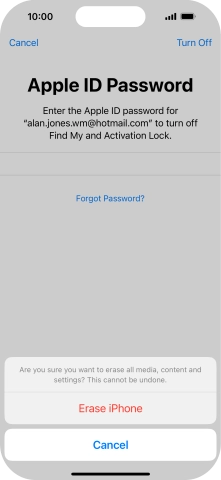 Key in the password for your Apple ID and press Erase iPhone. Wait a moment while the factory default settings are restored. Follow the instructions on the screen to set up your phone and prepare it for use. Key in the password for your Apple ID and press Erase iPhone. Wait a moment while the factory default settings are restored. Follow the instructions on the screen to set up your phone and prepare it for use.
