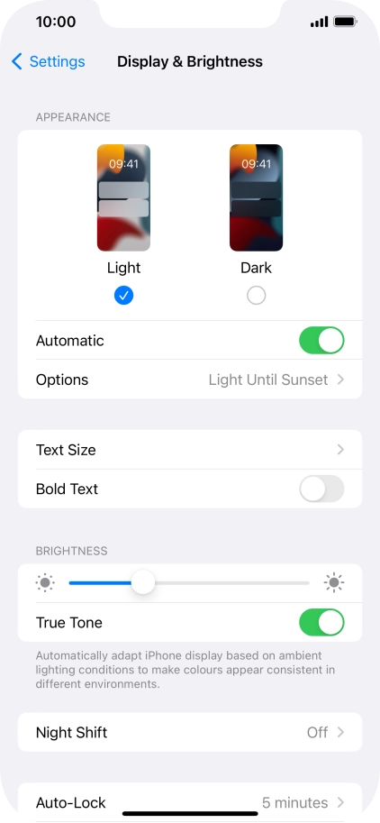 If you turn on the function, press Options and follow the instructions on the screen to select the required period of time for Dark Mode.