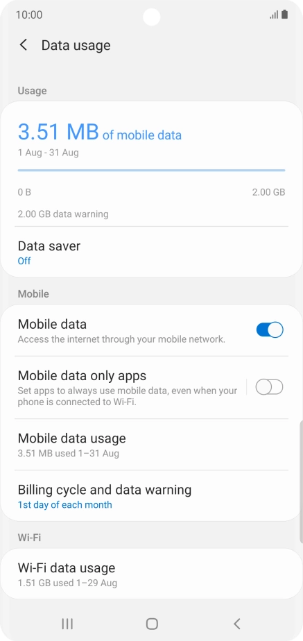 The total data usage is displayed. The total data usage is displayed.