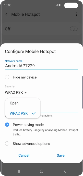 Press WPA2 PSK to password protect your Wi-Fi hotspot. Press WPA2 PSK to password protect your Wi-Fi hotspot.