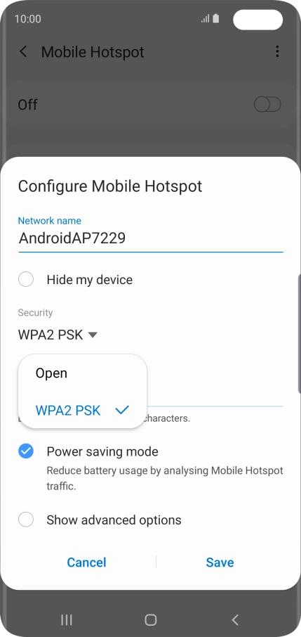 Press WPA2 PSK to password protect your Wi-Fi hotspot. Press WPA2 PSK to password protect your Wi-Fi hotspot.