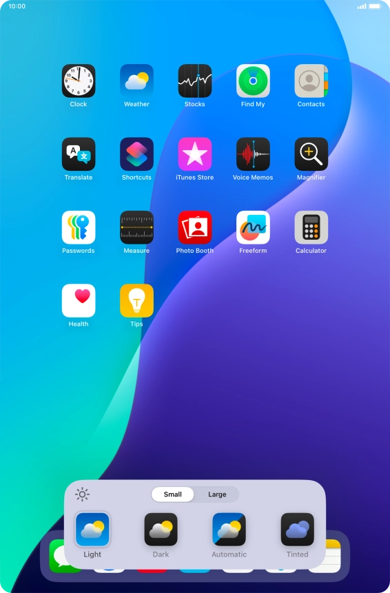 Press the required setting to select the size of app icons on the home screen. Press the required setting to select the size of app icons on the home screen.