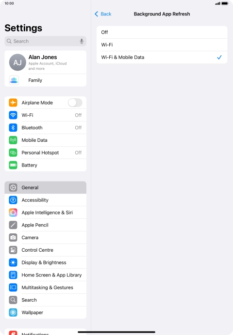 To turn off background refresh of apps, press Off. To turn off background refresh of apps, press Off.