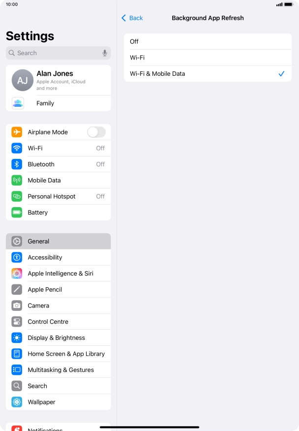 To turn off background refresh of apps, press Off. To turn off background refresh of apps, press Off.