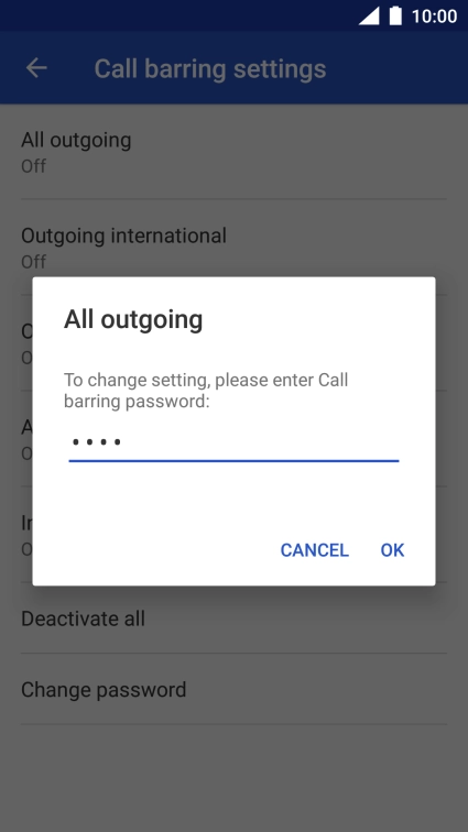 Key in your barring password and press OK. The default barring password is 0000.