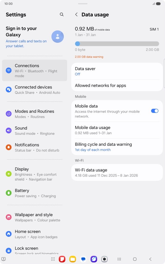 The total data usage is displayed. The total data usage is displayed.