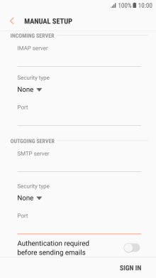 Press Authentication required before sending emails to turn the function on or off. Please note that if you're using Vodafone's outgoing server, turn off SMTP authentication and leave the username and password fields empty.