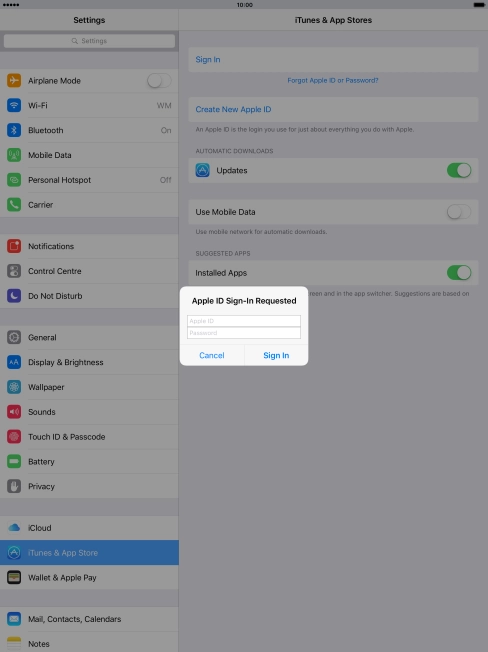 Press Apple ID and key in the username for your Apple ID. Press Apple ID and key in the username for your Apple ID.