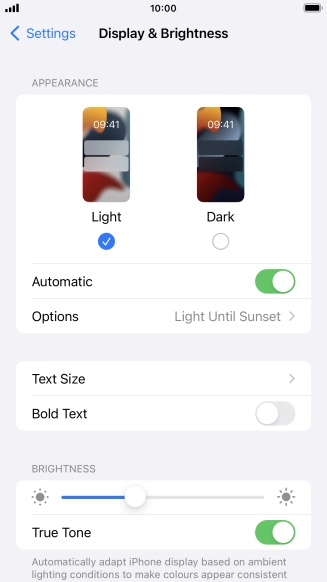 If you turn on the function, press Options and follow the instructions on the screen to select the required period of time for Dark Mode.