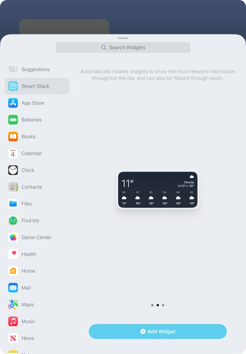 Slide your finger right or left on the screen to select the required widget size.