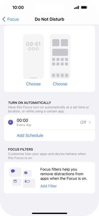 Press Add Schedule and follow the instructions on the screen to select settings for automatic activation of Do Not Disturb. Press Add Schedule and follow the instructions on the screen to select settings for automatic activation of Do Not Disturb.