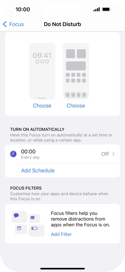 Press Add Schedule and follow the instructions on the screen to select settings for automatic activation of Do Not Disturb. Press Add Schedule and follow the instructions on the screen to select settings for automatic activation of Do Not Disturb.