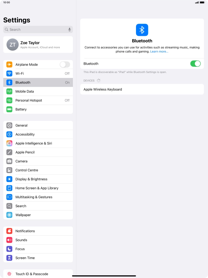 Press the required Bluetooth device and follow the instructions on the screen to pair the device with your tablet. Press the required Bluetooth device and follow the instructions on the screen to pair the device with your tablet.