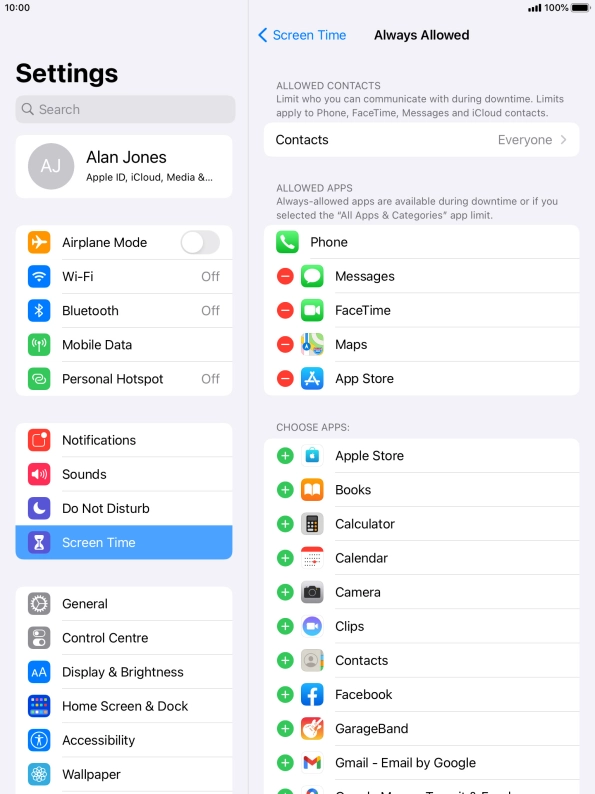 Press the remove icon next to the required app to remove it from the list of allowed apps during Downtime.