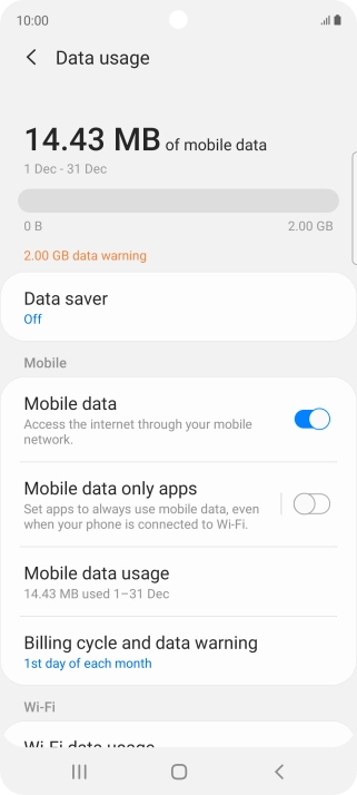 The total data usage is displayed. The total data usage is displayed.