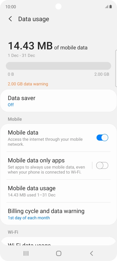 The total data usage is displayed. The total data usage is displayed.