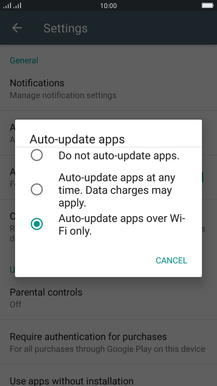 To turn on automatic update of apps using Wi-Fi, press Auto-update apps over Wi-Fi only..