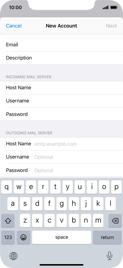 Press Host Name and key in the name of your email provider's outgoing server. Please note that if you can't send email messages when using your email provider's outgoing server, key in smtp.vodafone.net.au (Vodafone's outgoing server).