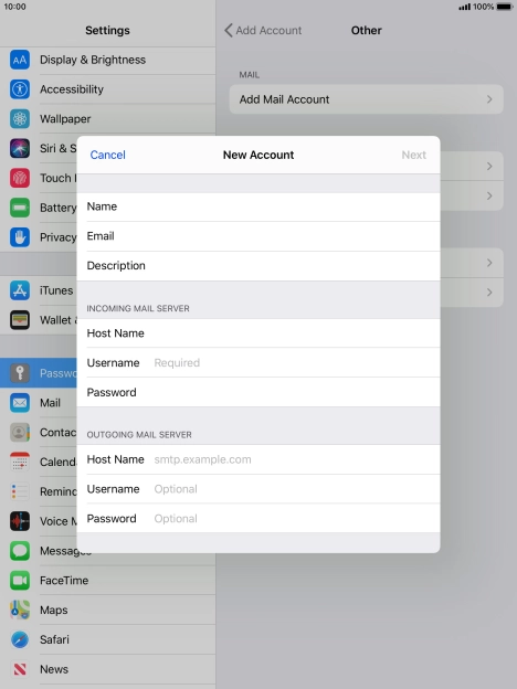 Press Username and key in the username for your email account.